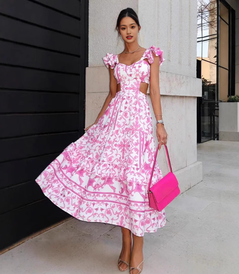Maxikleid für Damen mit Blumenmuster, Rüschenärmeln, Cut-Out-Details, tiefem V-Ausschnitt und fließender Silhouette