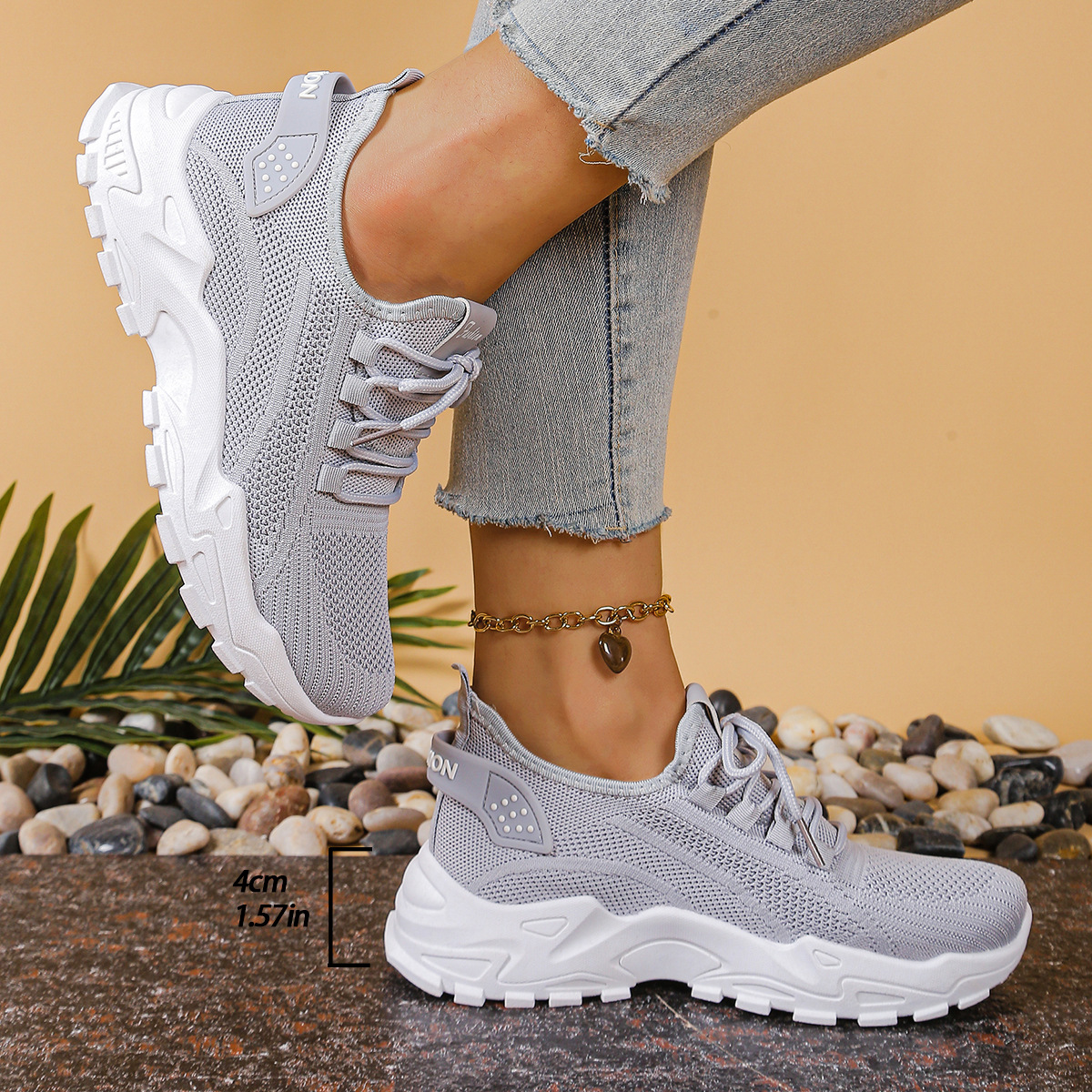 Damestrikkede platform-sneakers til gåture