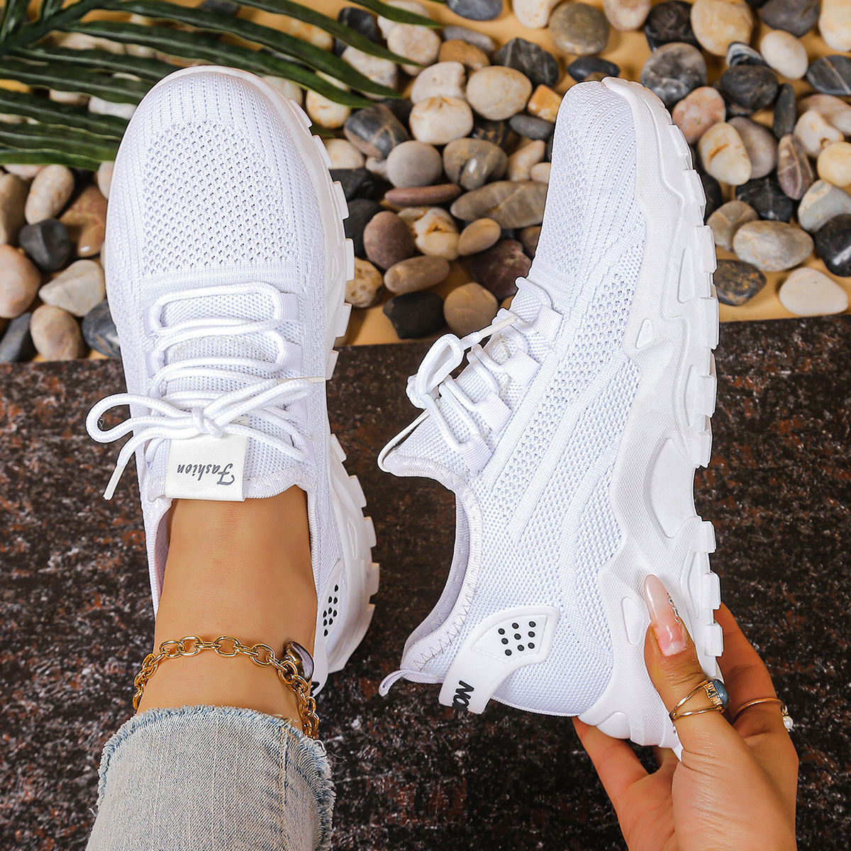 Damestrikkede platform-sneakers til gåture