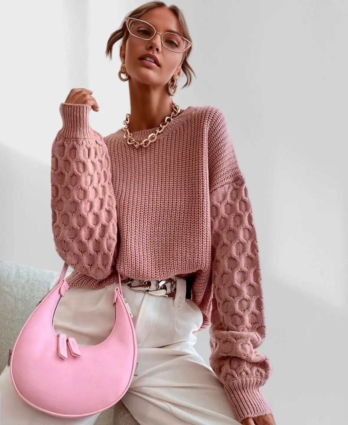 Pull en tricot texturé pour femme à manches ballon