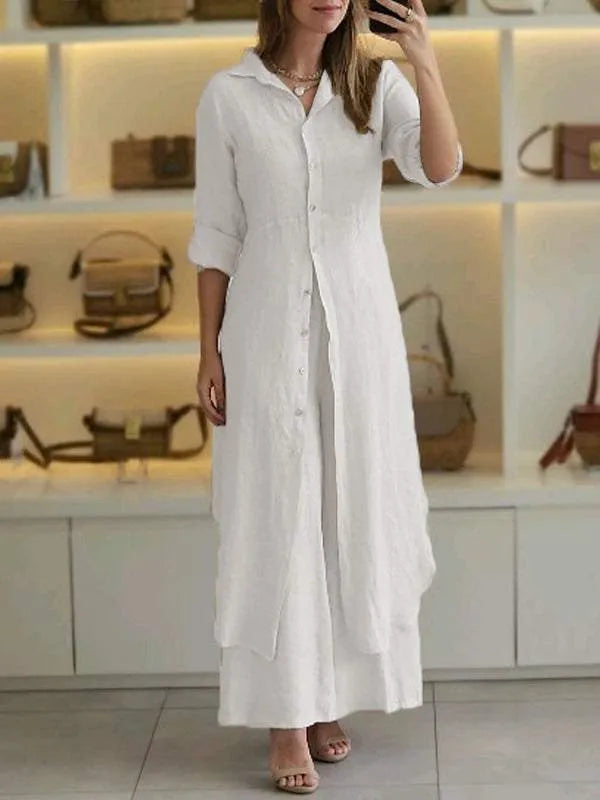 Women Linen Two Piece Set with Button Dress and Flowing Trousers
