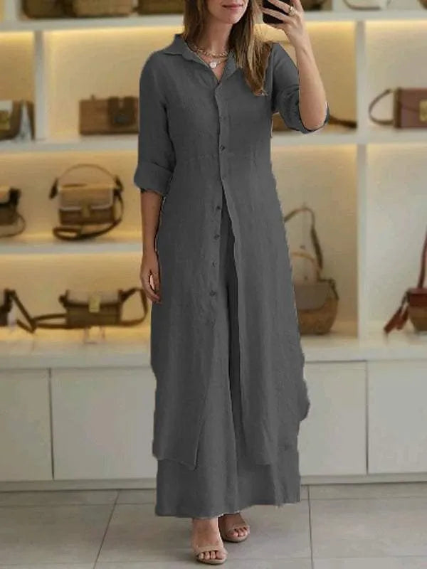 Women Linen Two Piece Set with Button Dress and Flowing Trousers
