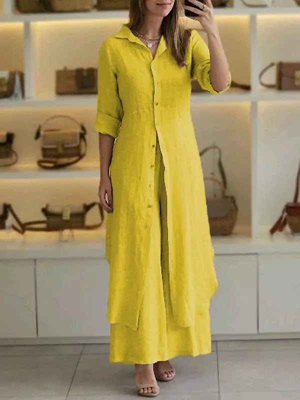 Women Linen Two Piece Set with Button Dress and Flowing Trousers