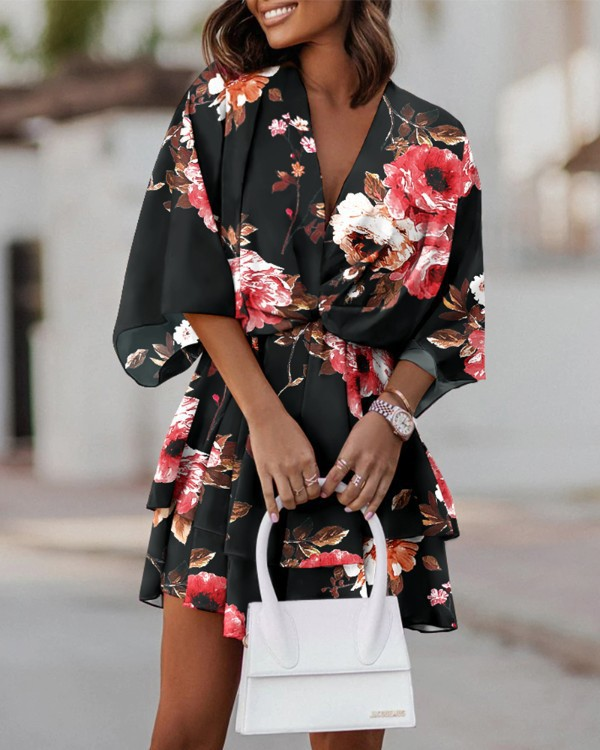 Women's Bohemian Mini Dress with Twist Front and Tropical Print