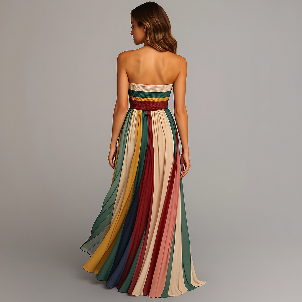 Women's Strapless Pleated Rainbow Maxi Dress