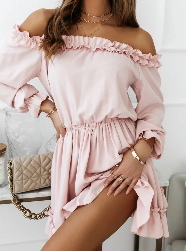 Women's Off-Shoulder Ruffle Mini Dress with Long Puff Sleeves
