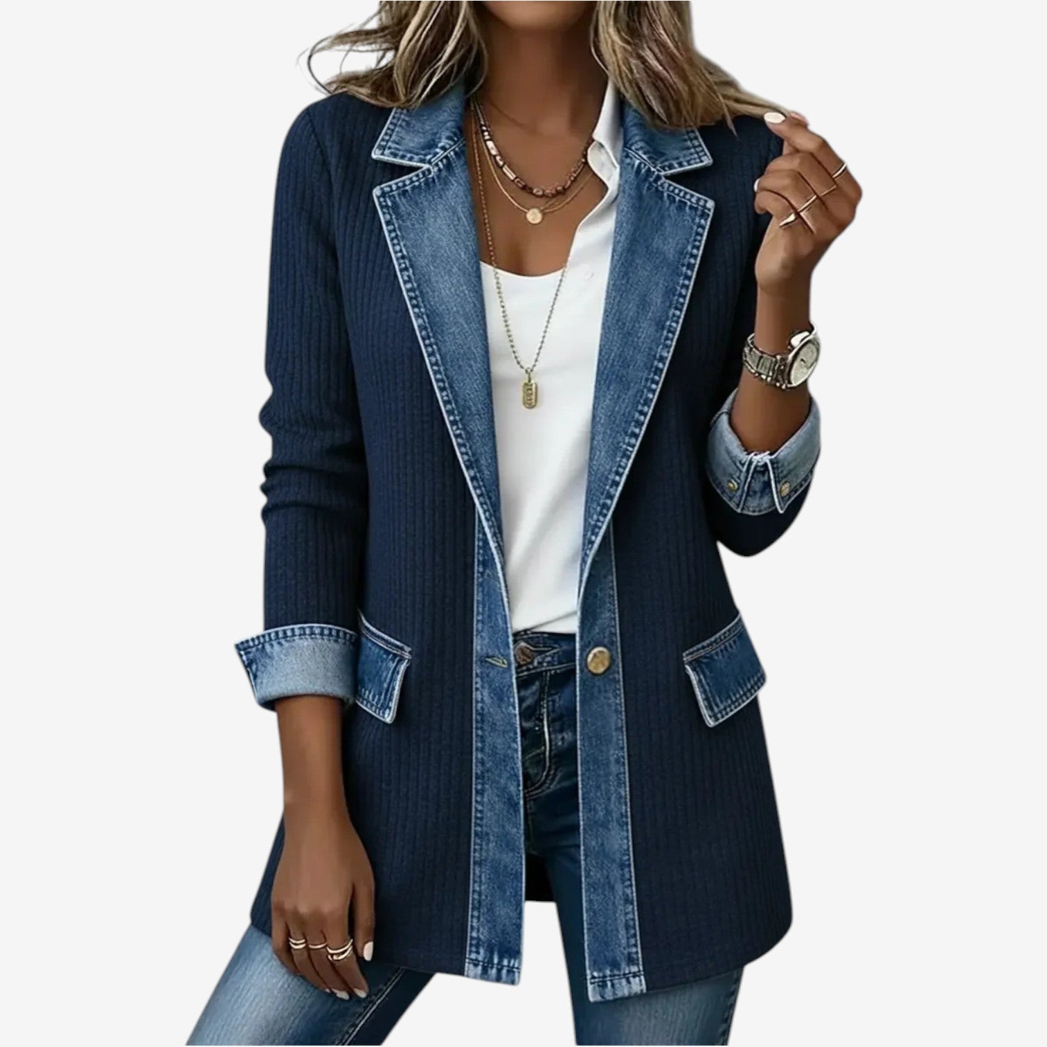 Women's Ribbed Knit Denim Trim Open-Front Cardigan Jacket