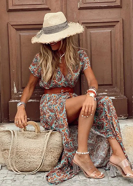 Women's Paisley Print Side Slit Maxi Dress