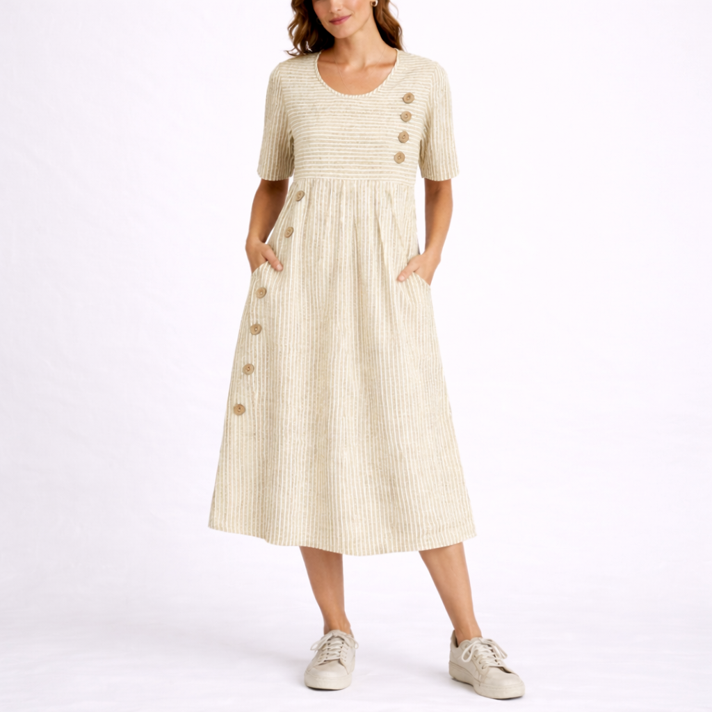 Gestreiftes Midikleid für Damen mit dekorativem Knopfdetail, kurzen Ärmeln und Seitentaschen