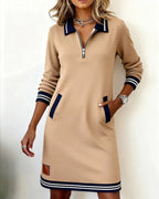 Damen Freizeit Sweatshirtkleid mit Viertel-Reißverschluss, Kragen, langen Ärmeln und Tasche