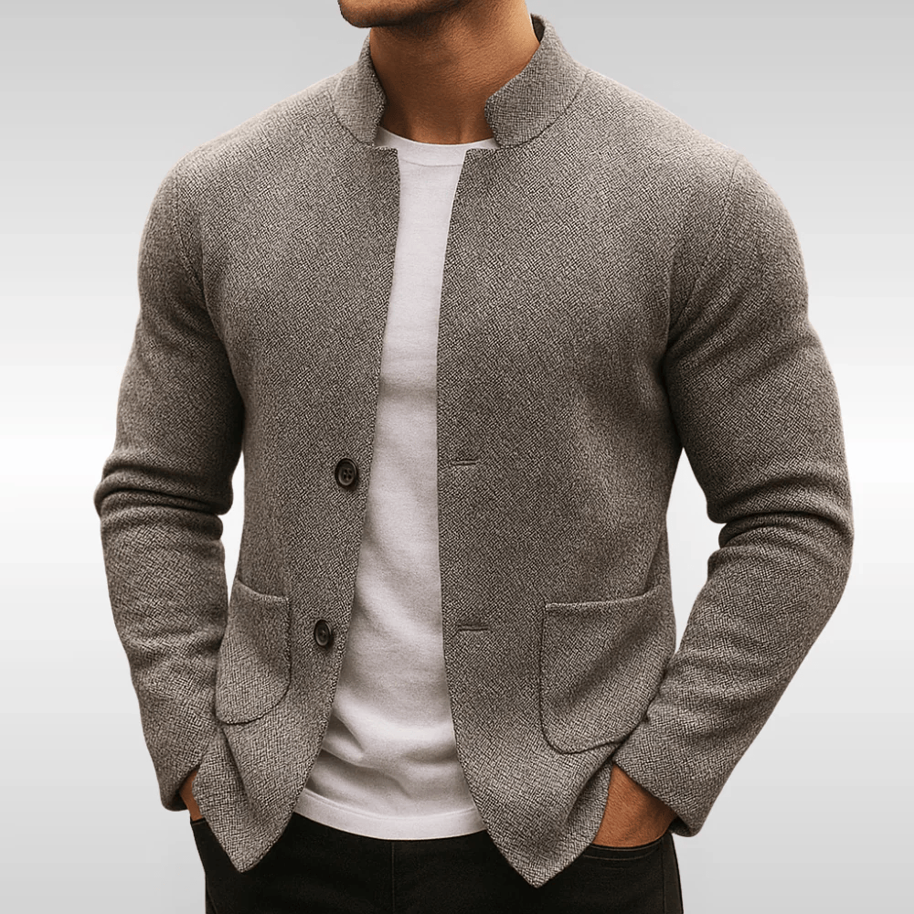 Veste en maille décontractée pour homme avec col montant texturé et boutons sur le devant