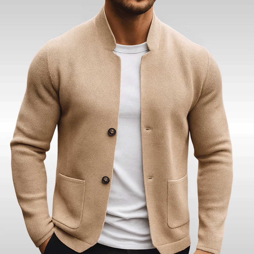 Veste en maille décontractée pour homme avec col montant texturé et boutons sur le devant