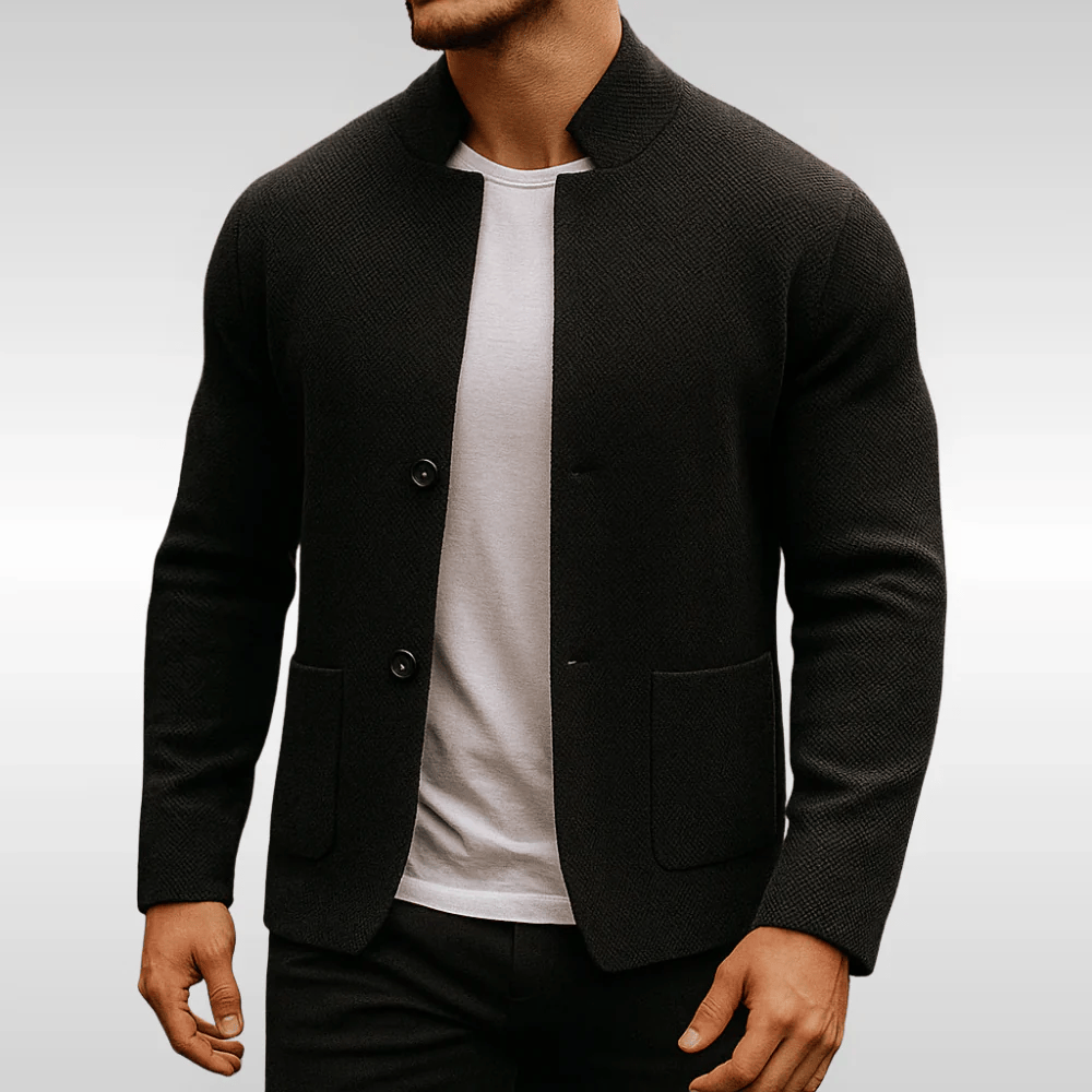 Veste en maille décontractée pour homme avec col montant texturé et boutons sur le devant