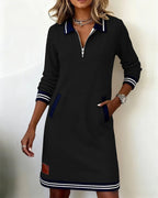 Damen Freizeit Sweatshirtkleid mit Viertel-Reißverschluss, Kragen, langen Ärmeln und Tasche