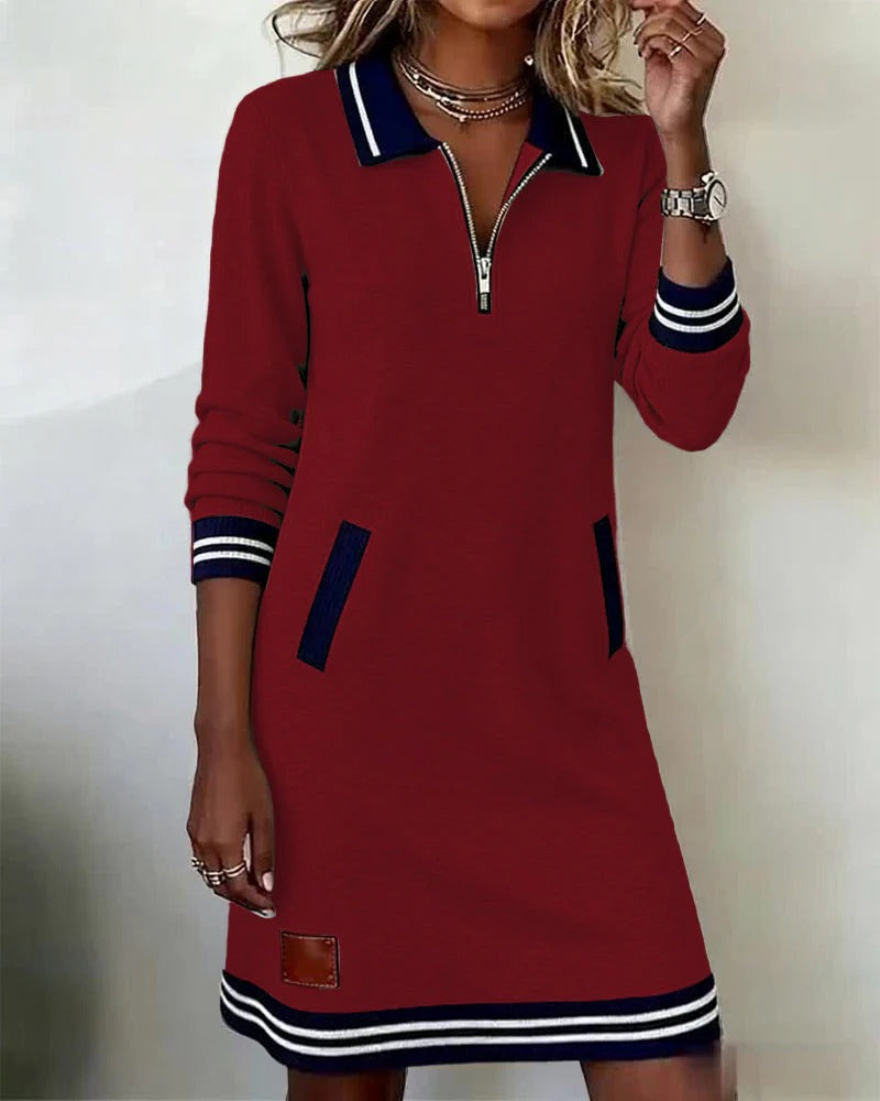 Damen Freizeit Sweatshirtkleid mit Viertel-Reißverschluss, Kragen, langen Ärmeln und Tasche