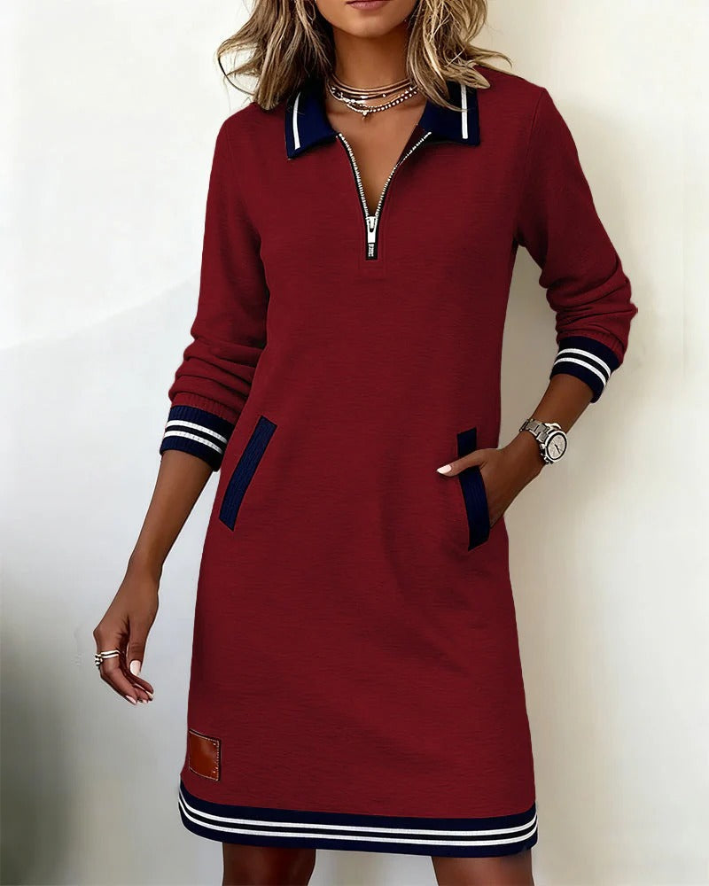 Damen Freizeit Sweatshirtkleid mit Viertel-Reißverschluss, Kragen, langen Ärmeln und Tasche