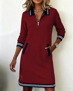 Damen Freizeit Sweatshirtkleid mit Viertel-Reißverschluss, Kragen, langen Ärmeln und Tasche
