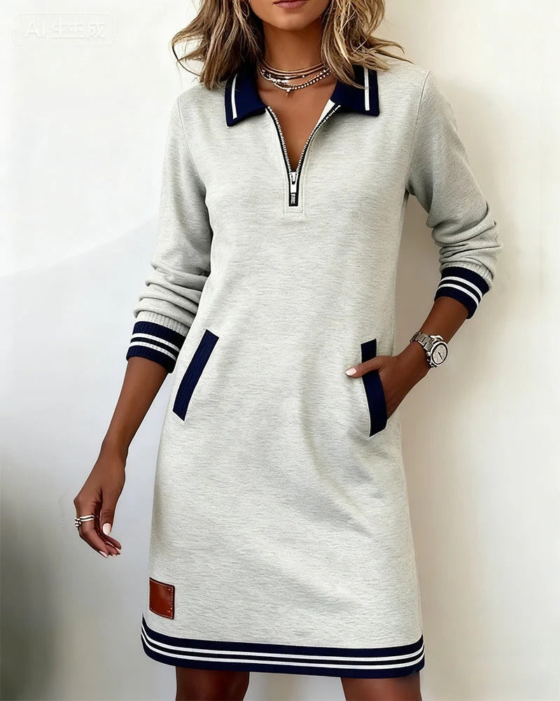 Damen Freizeit Sweatshirtkleid mit Viertel-Reißverschluss, Kragen, langen Ärmeln und Tasche