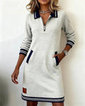 Damen Freizeit Sweatshirtkleid mit Viertel-Reißverschluss, Kragen, langen Ärmeln und Tasche