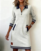 Damen Freizeit Sweatshirtkleid mit Viertel-Reißverschluss, Kragen, langen Ärmeln und Tasche