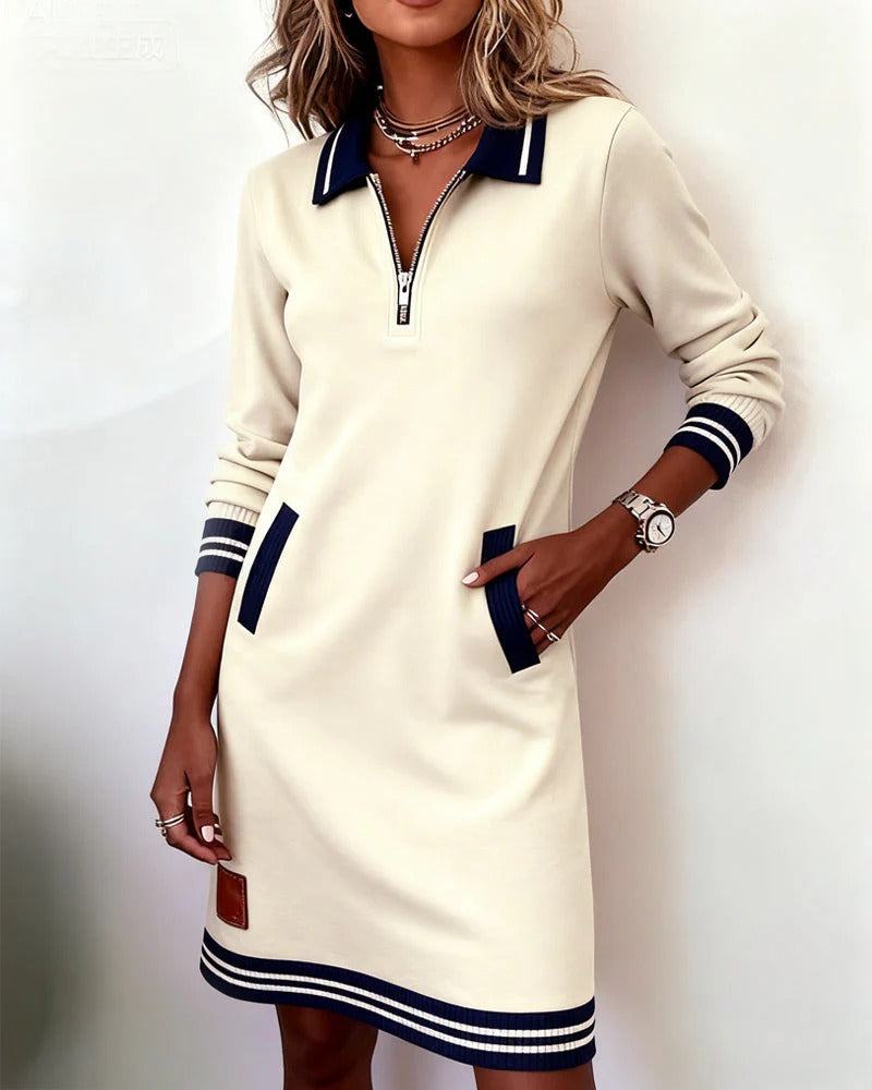 Robe sweat décontractée pour femme à manches longues avec col à fermeture quart de zip et poche  