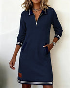 Damen Freizeit Sweatshirtkleid mit Viertel-Reißverschluss, Kragen, langen Ärmeln und Tasche