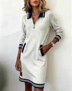 Damen Freizeit Sweatshirtkleid mit Viertel-Reißverschluss, Kragen, langen Ärmeln und Tasche