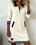 Damen Freizeit Sweatshirtkleid mit Viertel-Reißverschluss, Kragen, langen Ärmeln und Tasche