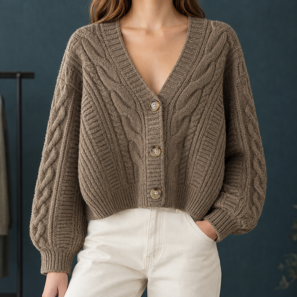 Damen-Cropped-Cardigan mit Zopfmusterstrick