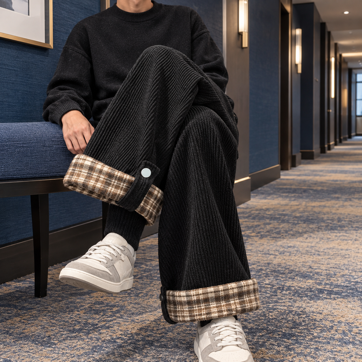 Cordhose für Herren mit kariertem Saumdetail
