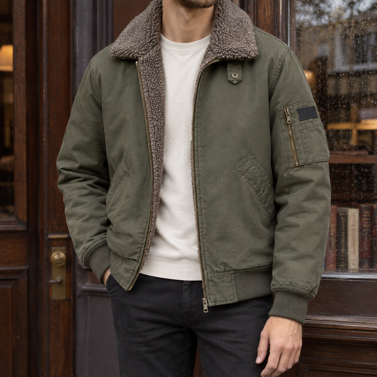 Men's Sherpa Collar Zip-Up Bomber Jacket