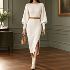 Vestido midi de punto acanalado para mujer con mangas murciélago