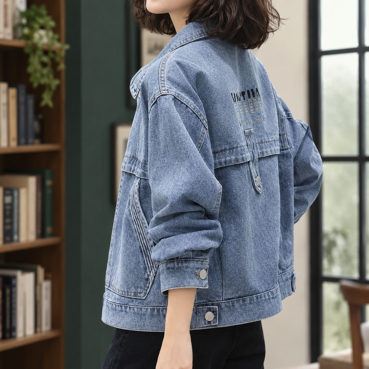 Übergroße Jeansjacke für Damen mit Rückendruck