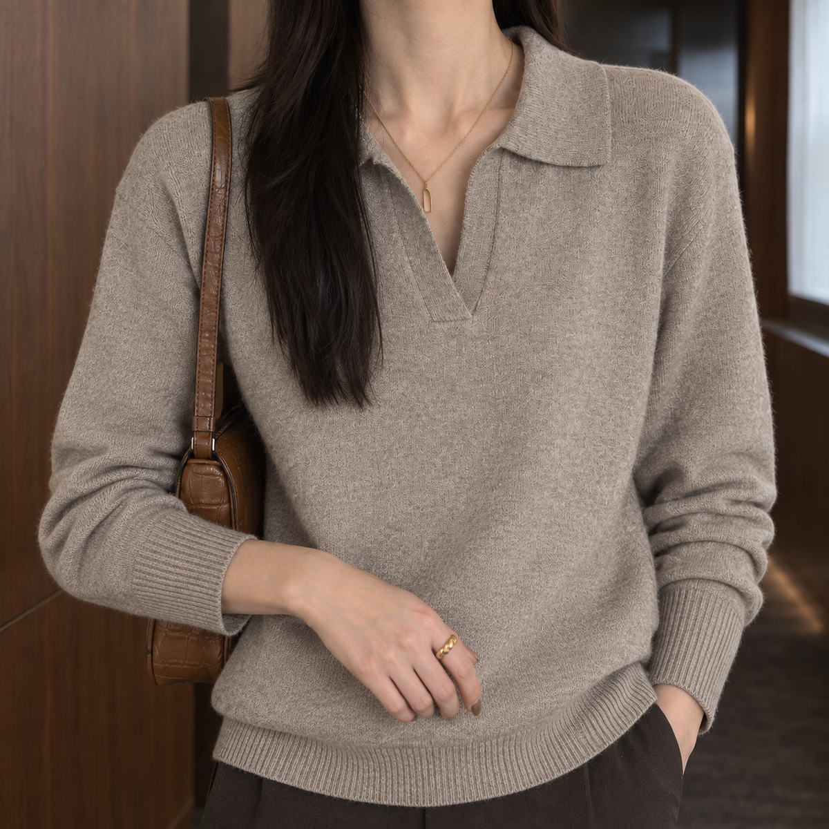 Women's Relaxed Fit V-Neck Collared Knit Sweater