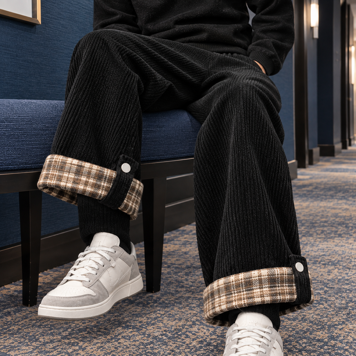 Cordhose für Herren mit kariertem Saumdetail