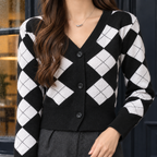 Women's Argyle V-Neck Button-Up Knit Cardigan