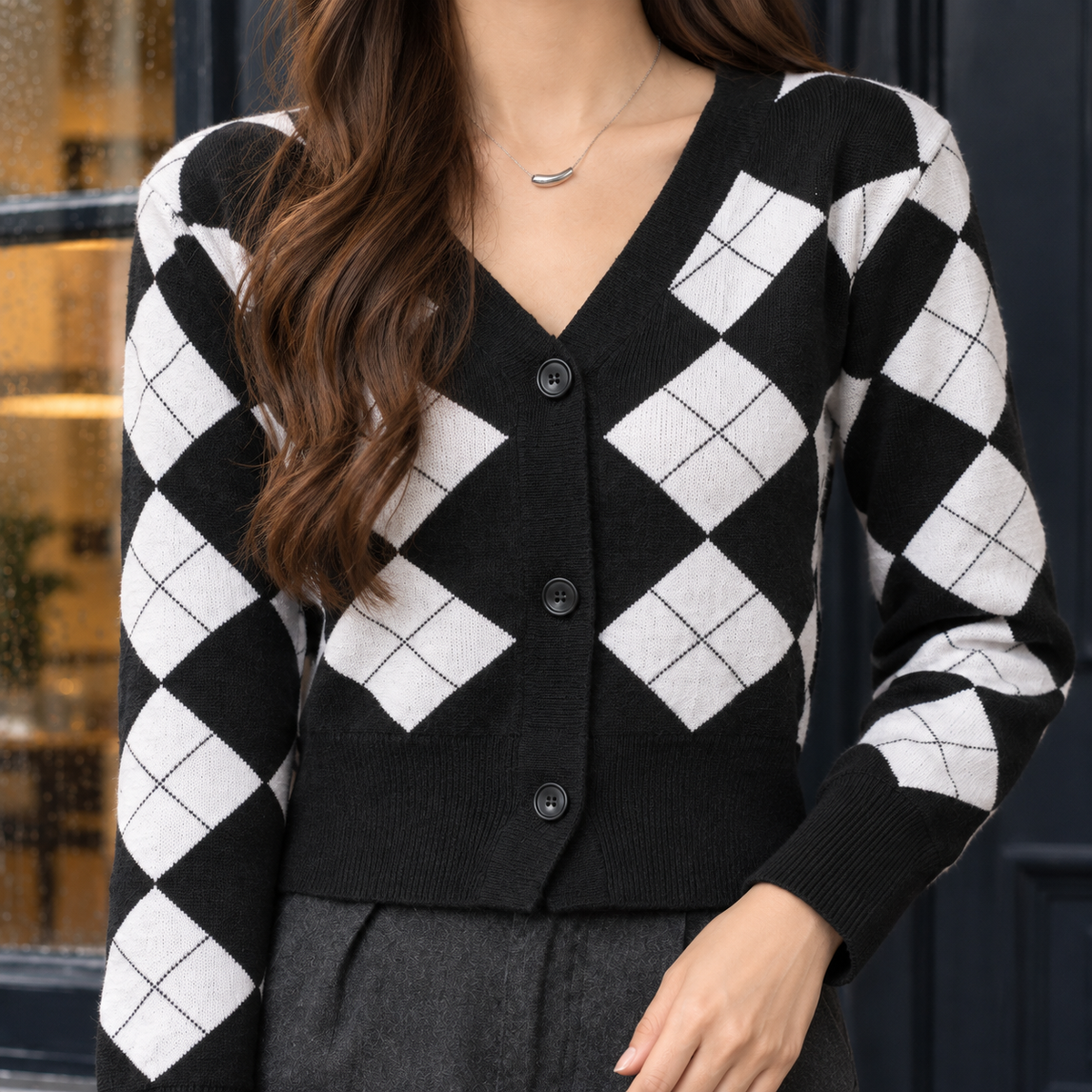 Women's Argyle V-Neck Button-Up Knit Cardigan