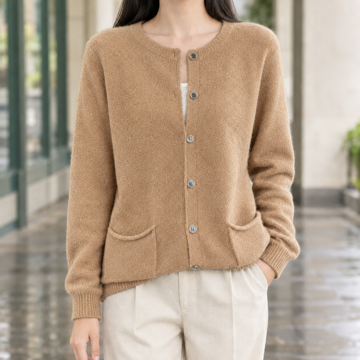 Women's Round Neck Button-Up Knit Cardigan