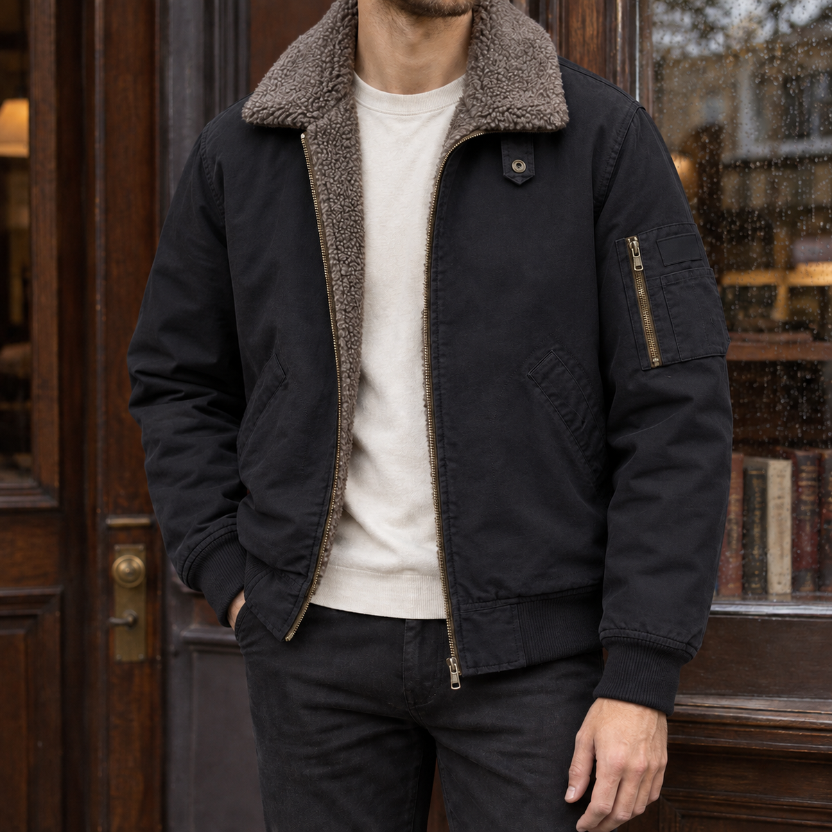 Herren-Bomberjacke mit Sherpa-Kragen und Reißverschluss