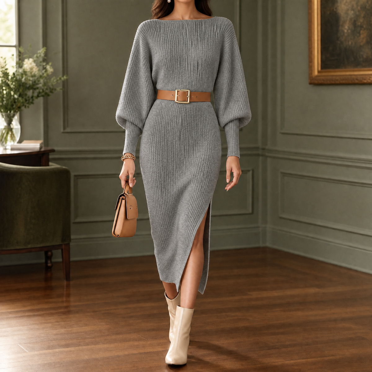 Women's Ribbed Knit Batwing Sleeve Midi Dress