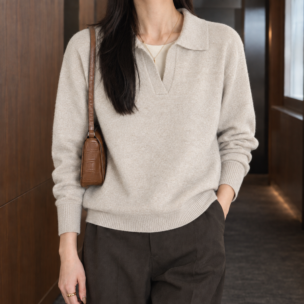 Women's Relaxed Fit V-Neck Collared Knit Sweater