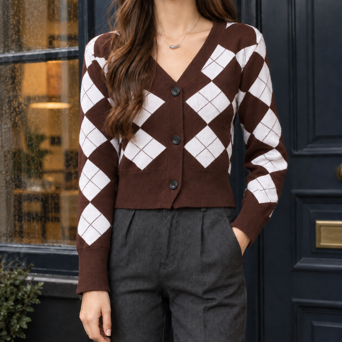 Gestrickte Damen-Cardiganjacke mit Argyle-Muster, V-Ausschnitt und Knopfleiste