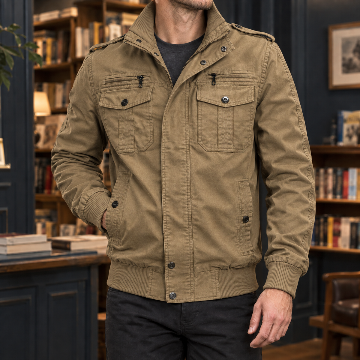 Herren-Bomberjacke mit Stehkragen und mehreren Taschen