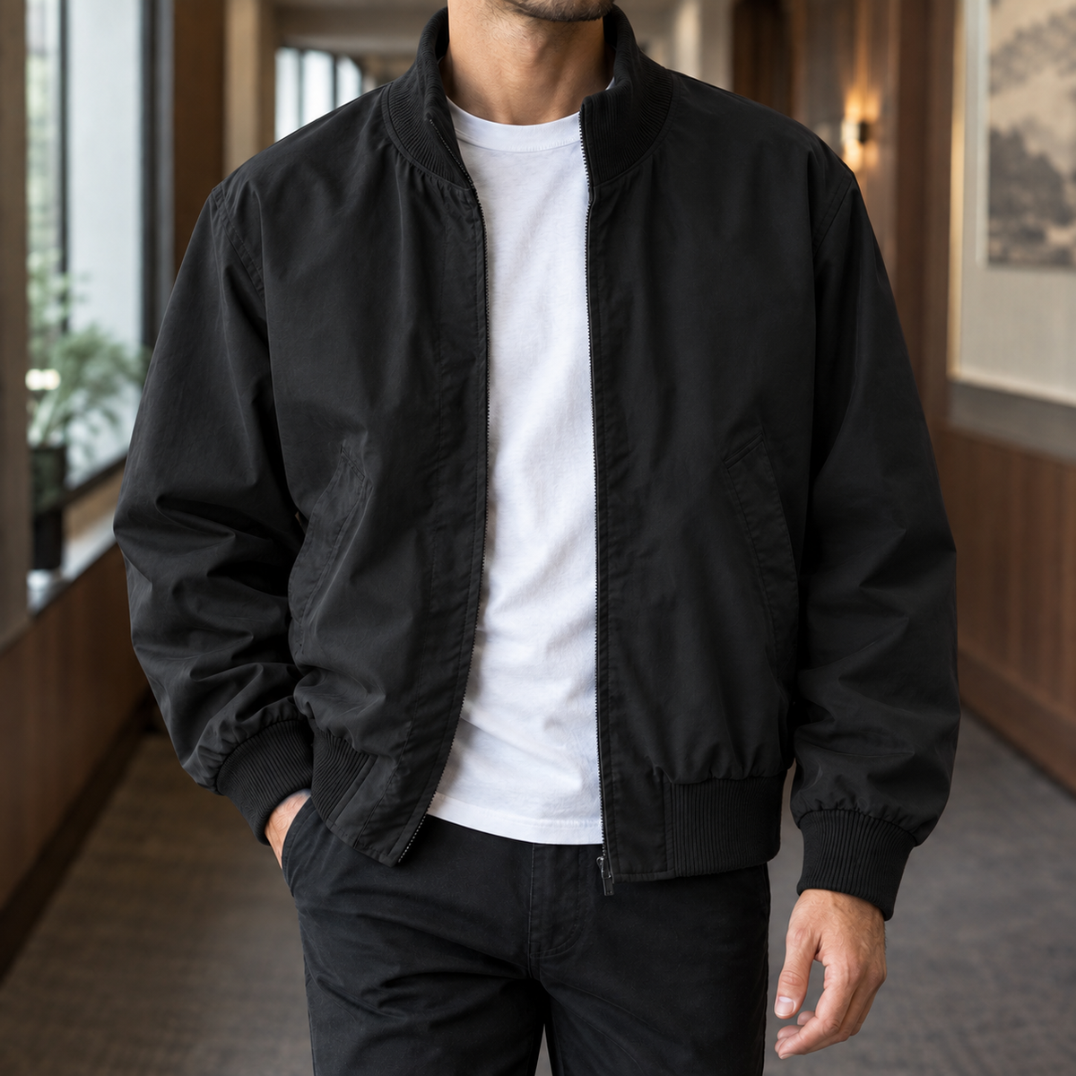 Herren-Bomberjacke mit geripptem Kragen