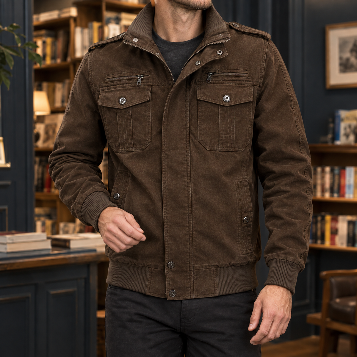 Herren-Bomberjacke mit Stehkragen und mehreren Taschen