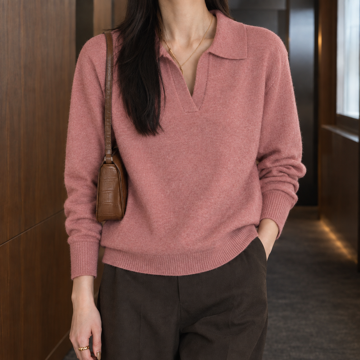 Women's Relaxed Fit V-Neck Collared Knit Sweater