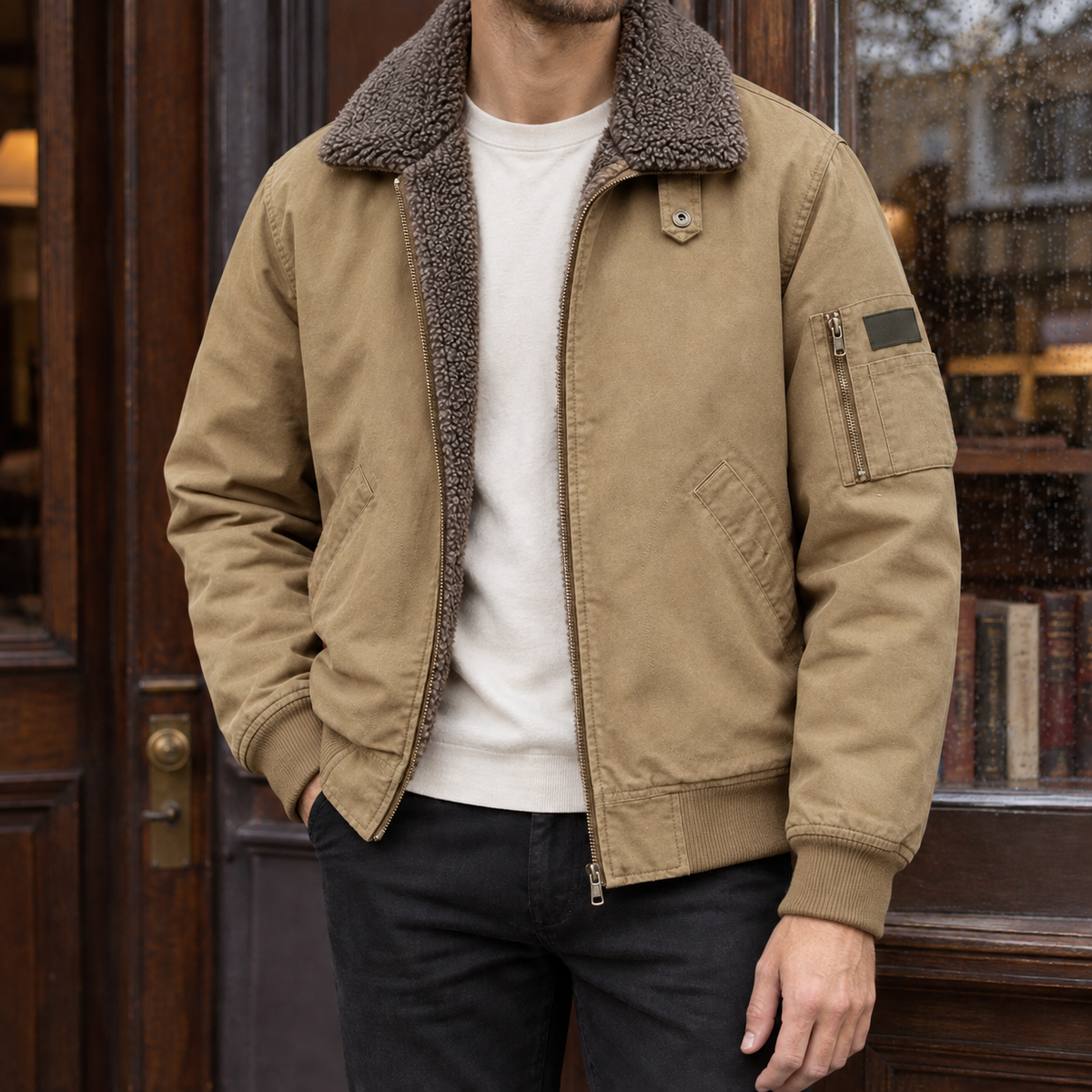 Herren-Bomberjacke mit Sherpa-Kragen und Reißverschluss