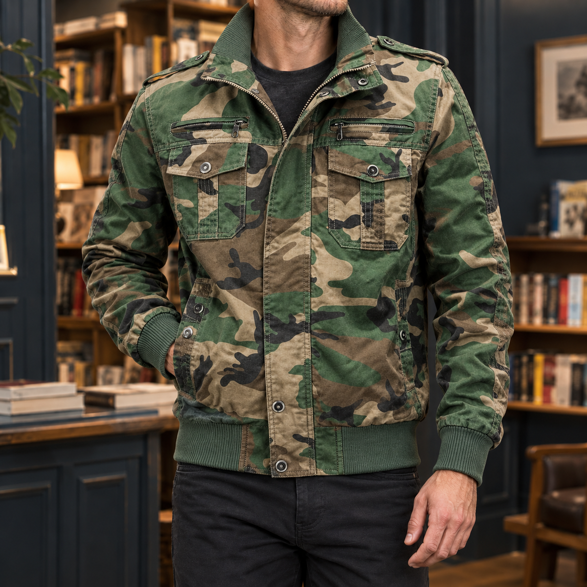 Herren-Bomberjacke mit Stehkragen und mehreren Taschen