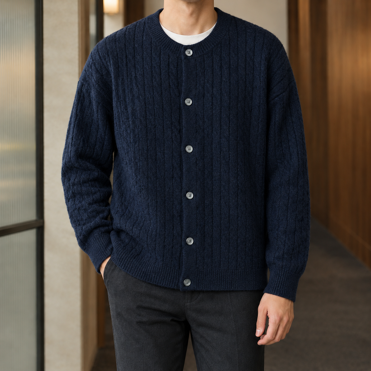 Herren-Strickjacke mit Zopfmuster und Knöpfen