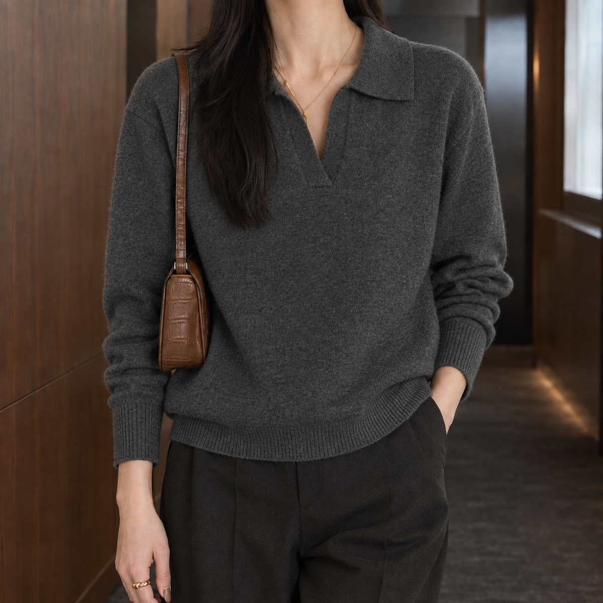 Women's Relaxed Fit V-Neck Collared Knit Sweater